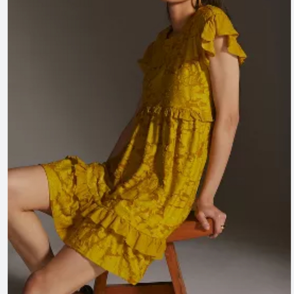 Anthropologie Babydoll Ruffle Knit Mini Dress In Golden Yellow Size Small